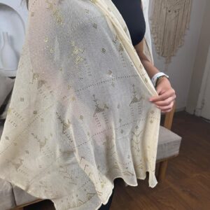Hand-Embroidered beige Tally Shawl with gold-plated Threads | Sohag Women's Craft | 200x90 cm