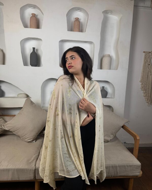 Hand-Embroidered beige Tally Shawl with gold-plated Threads | Sohag Women's Craft | 200x90 cm - Image 4