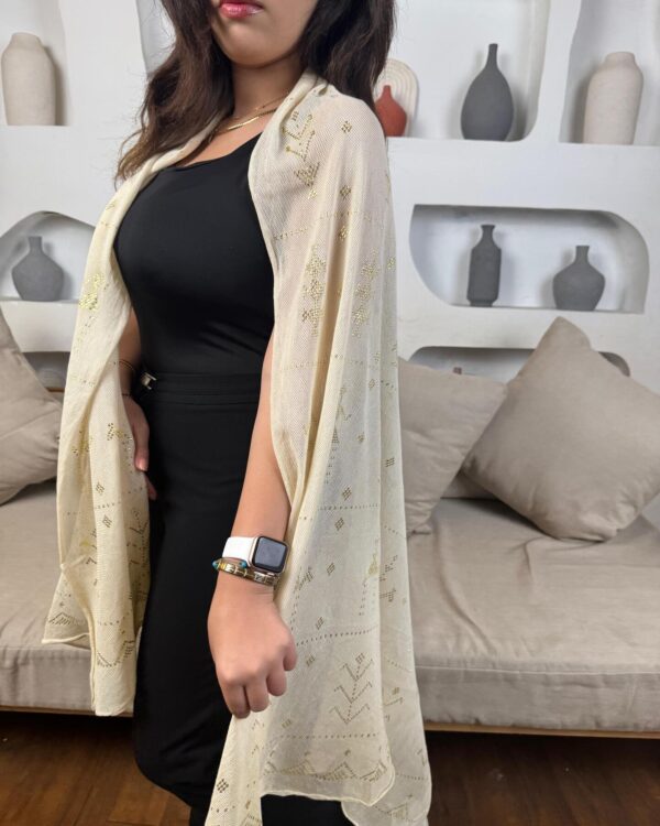 Hand-Embroidered beige Tally Shawl with gold-plated Threads | Sohag Women's Craft | 200x90 cm - Image 3