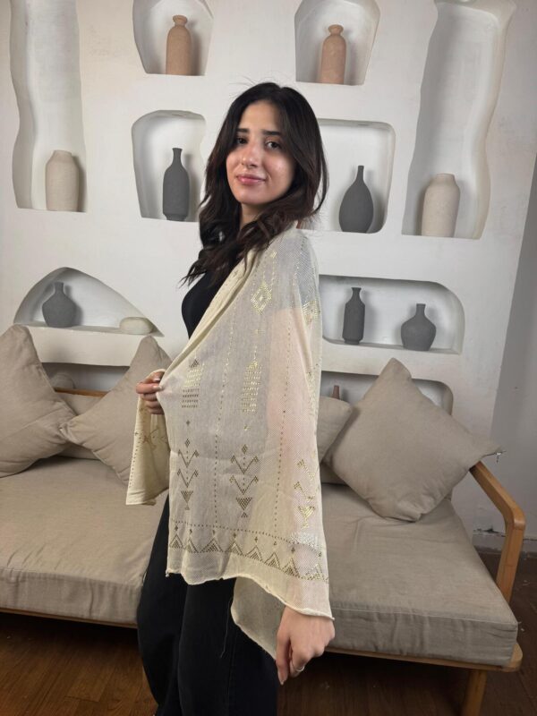 Hand-Embroidered beige Tally Shawl with Gold-plated Threads | Sohag Women's Craft | 150x90 cm - Image 5