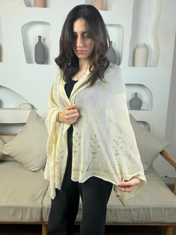 Hand-Embroidered beige Tally Shawl with Gold-plated Threads | Sohag Women's Craft | 150x90 cm - Image 4