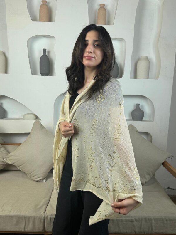Hand-Embroidered beige Tally Shawl with Gold-plated Threads | Sohag Women's Craft | 150x90 cm - Image 2
