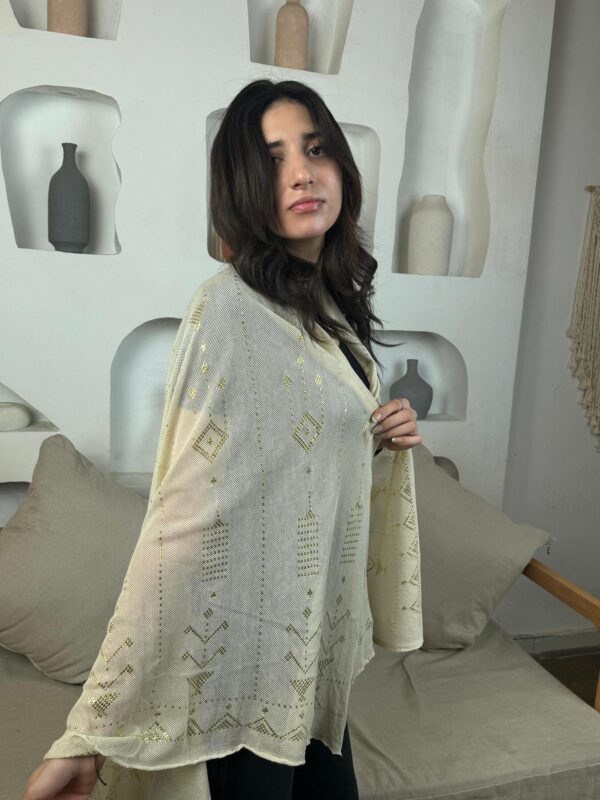 Hand-Embroidered beige Tally Shawl with Gold-plated Threads | Sohag Women's Craft | 150x90 cm - Image 3