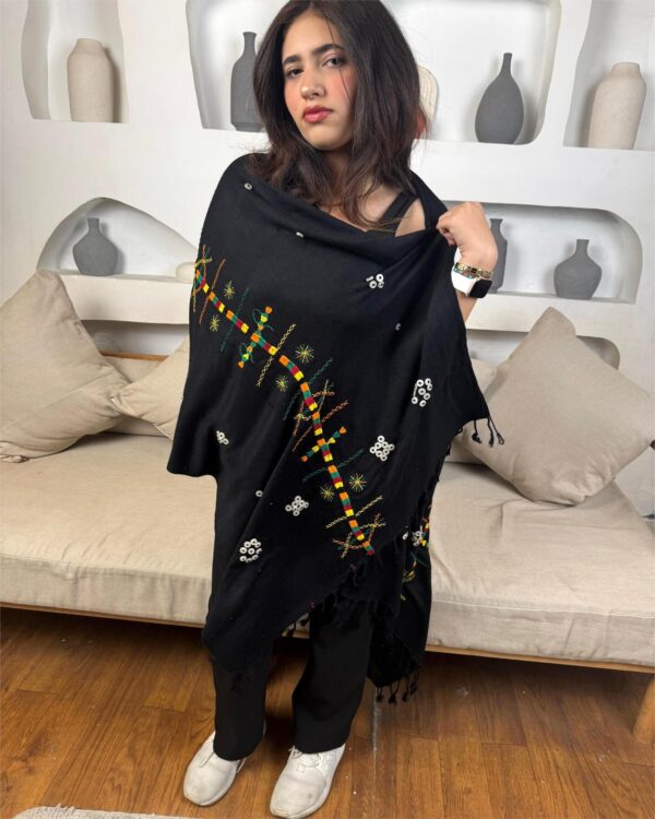 Black Handwoven Akhmim Cotton Shawl | Hand-Embroidered by Siwan Women | 210×77 cm