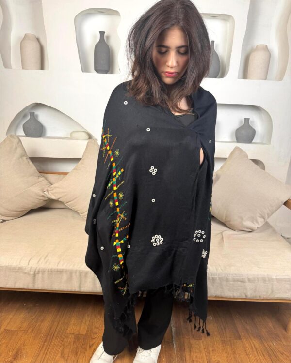 Black Handwoven Akhmim Cotton Shawl | Hand-Embroidered by Siwan Women | 210×77 cm - Image 2