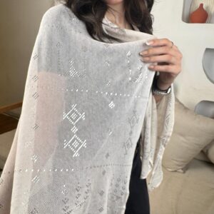 Hand-Embroidered beige Tally Shawl with silver-plated Threads | Sohag Women's Craft | 180x90 cm