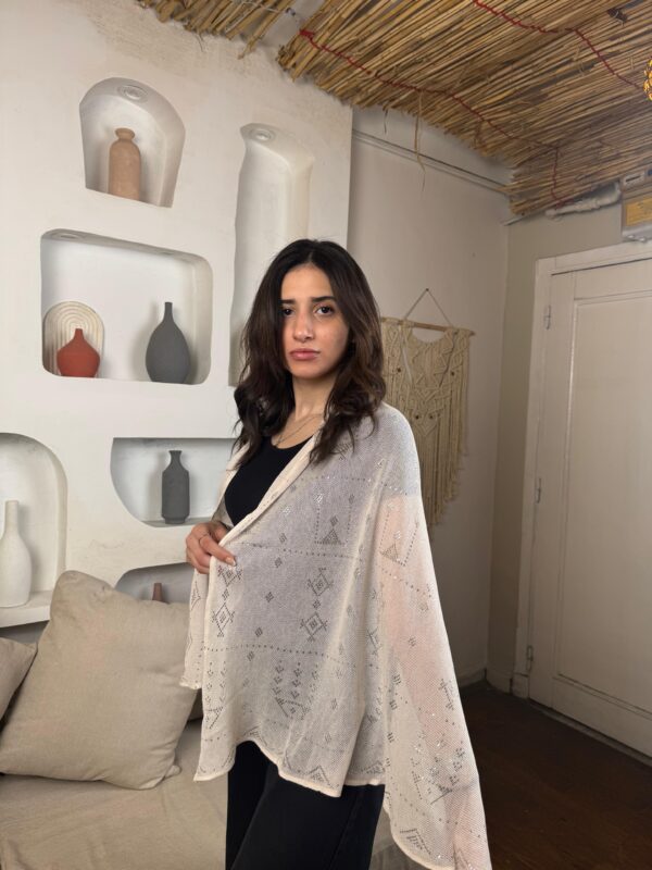 Hand-Embroidered beige Tally Shawl with silver-plated Threads | Sohag Women's Craft | 180x90 cm - Image 3