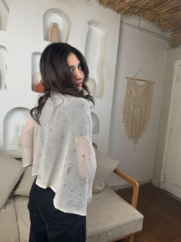 Hand-Embroidered beige Tally Shawl with silver-plated Threads | Sohag Women's Craft | 180x90 cm - Image 2