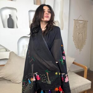 Black cotton voile  Shawl – Colorful Embroidery Depicting Egyptian Village Life