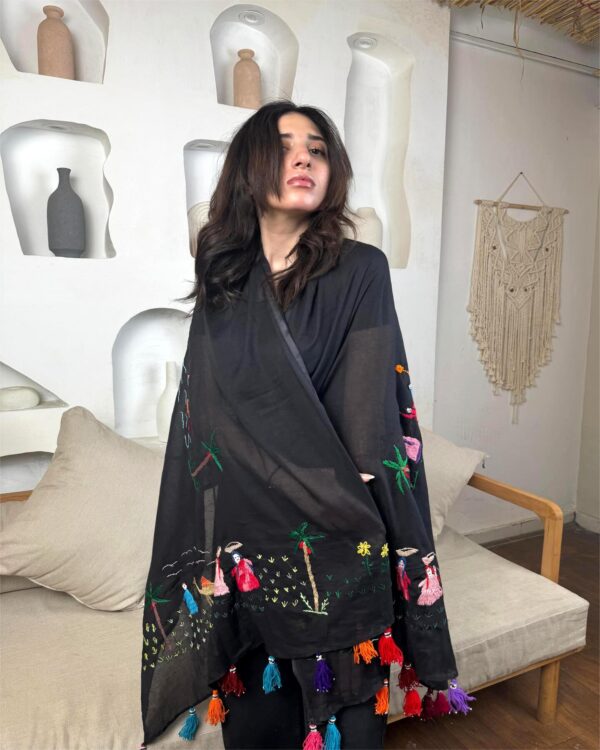 Black cotton voile  Shawl – Colorful Embroidery Depicting Egyptian Village Life