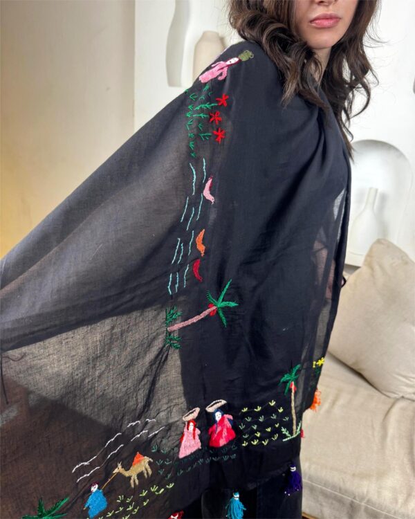 Black cotton voile  Shawl – Colorful Embroidery Depicting Egyptian Village Life - Image 4
