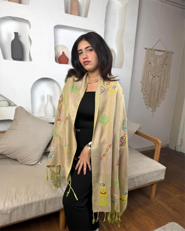 Olive Green Akhmim Cotton Shawl | Hand-Embroidered by Nubian Women of Aswan | 200 cm×60 cm - Image 2