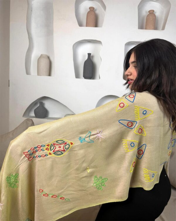 Olive Green Akhmim Cotton Shawl | Hand-Embroidered by Nubian Women of Aswan | 200 cm×60 cm - Image 3