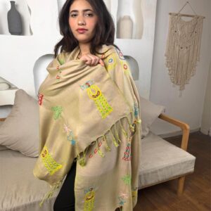 Olive Green Akhmim Cotton Shawl | Hand-Embroidered by Nubian Women of Aswan | 200 cm×60 cm