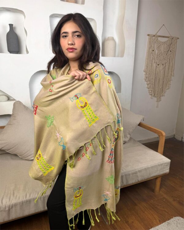 Olive Green Akhmim Cotton Shawl | Hand-Embroidered by Nubian Women of Aswan | 200 cm×60 cm