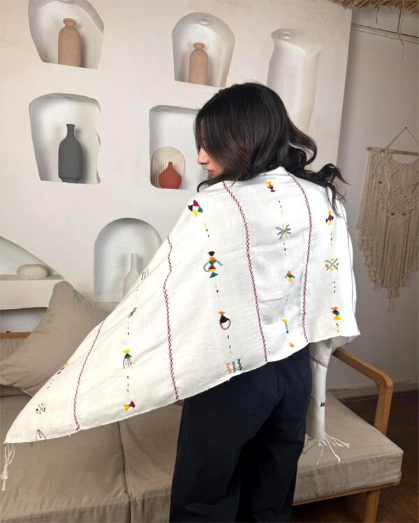 White Handwoven Akhmim Cotton Shawl | Hand-Embroidered by Siwan Women | 180×60 cm - Image 4