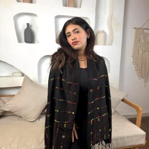 Black Handwoven Akhmim Cotton Shawl | Hand-Embroidered by Siwan Women | 185×60 cm