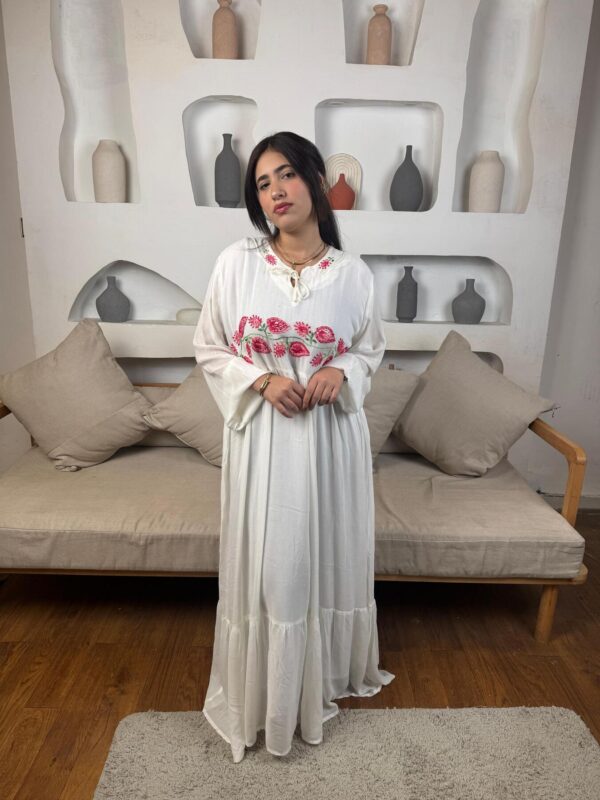 Hand-Embroidered Cotton Voile Dress with Lining & Sleeves  female artizan Design | White | Free Size up to 4XL - Image 3