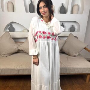 Hand-Embroidered Cotton Voile Dress with Lining & Sleeves  female artizan Design | White | Free Size up to 4XL