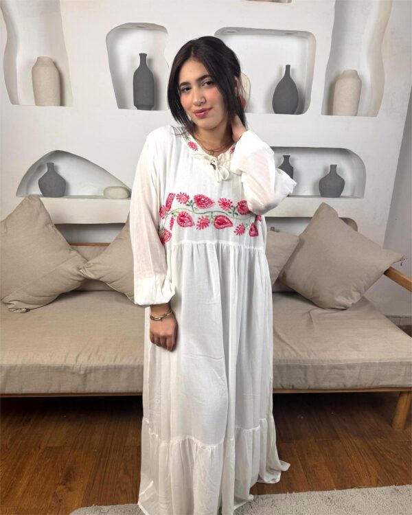 Hand-Embroidered Cotton Voile Dress with Lining & Sleeves  female artizan Design | White | Free Size up to 4XL