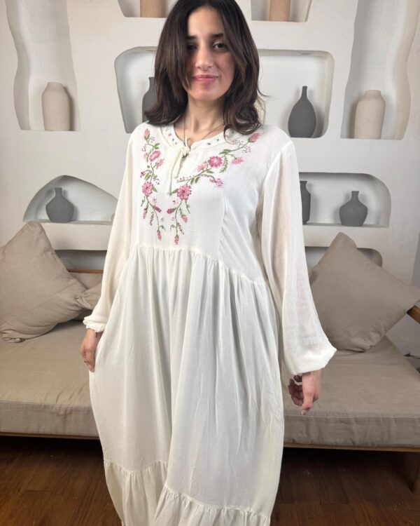 Hand-Embroidered Cotton Voile Dress with Lining & Sleeves  female artizan Design | White | Free Size up to 2XL - Image 2