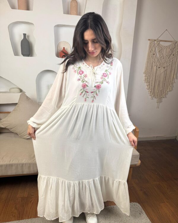 Hand-Embroidered Cotton Voile Dress with Lining & Sleeves  female artizan Design | White | Free Size up to 2XL - Image 4