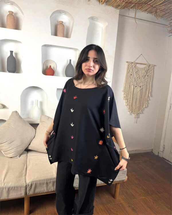 Black Cotton Hand-Embroidered Poncho by St. Catherine Women | Free Size up to 3XL - Image 2