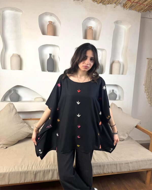 Black Cotton Hand-Embroidered Poncho by St. Catherine Women | Free Size up to 3XL - Image 5