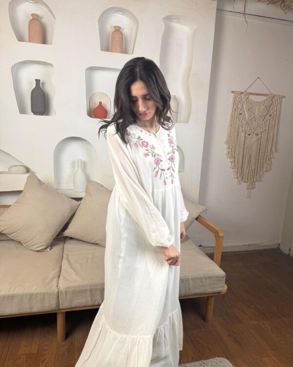 Hand-Embroidered Cotton Voile Dress with Lining & Sleeves  female artizan Design | White | Free Size up to 2XL - Image 5