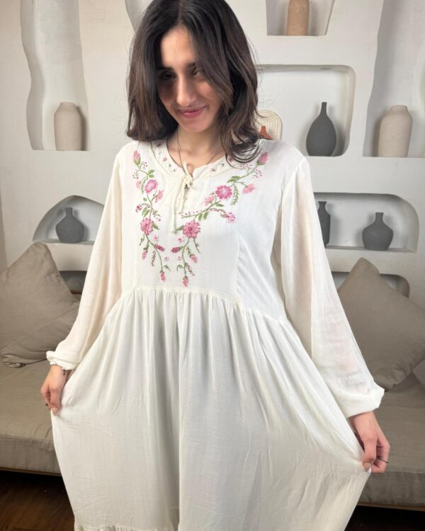 Hand-Embroidered Cotton Voile Dress with Lining & Sleeves  female artizan Design | White | Free Size up to 2XL - Image 6