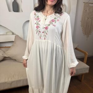 Hand-Embroidered Cotton Voile Dress with Lining & Sleeves  female artizan Design | White | Free Size up to 2XL