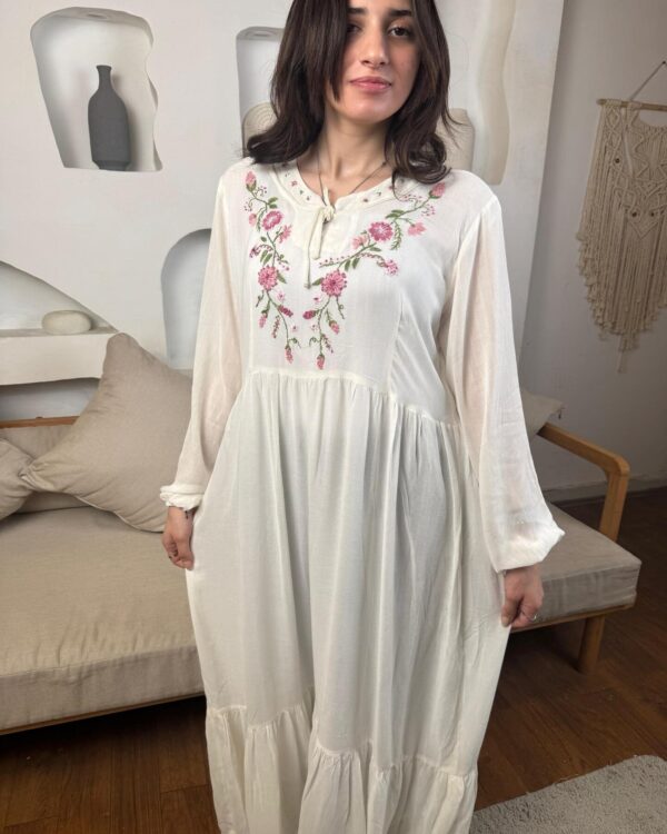 Hand-Embroidered Cotton Voile Dress with Lining & Sleeves  female artizan Design | White | Free Size up to 2XL - Image 3