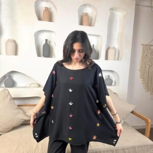 Black Cotton Hand-Embroidered Poncho by St. Catherine Women | Free Size up to 3XL