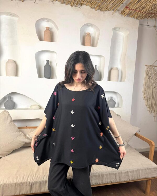 Black Cotton Hand-Embroidered Poncho by St. Catherine Women | Free Size up to 3XL