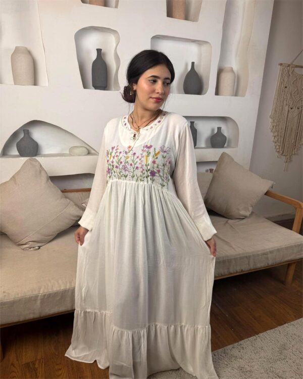 Hand-Embroidered Cotton Voile Dress with Lining & Sleeves | Female Artisan Design | White | Free Size up to 2XL - Image 2