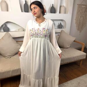 Hand-Embroidered Cotton Voile Dress with Lining & Sleeves | Female Artisan Design | White | Free Size up to 2XL
