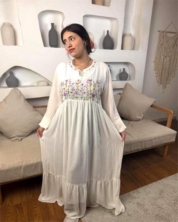 Hand-Embroidered Cotton Voile Dress with Lining & Sleeves | Female Artisan Design | White | Free Size up to 2XL