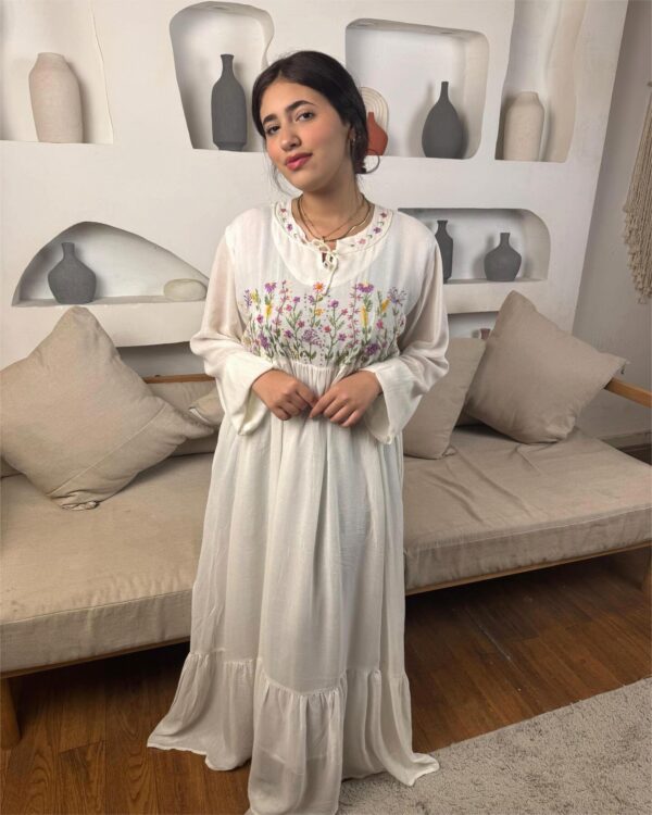 Hand-Embroidered Cotton Voile Dress with Lining & Sleeves | Female Artisan Design | White | Free Size up to 2XL - Image 3