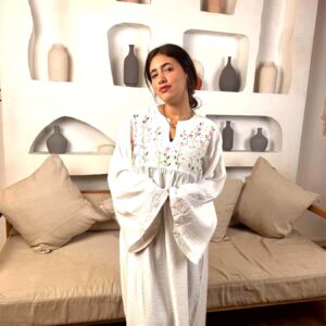 Hand-Embroidered Linen-Cotton Dress with Colorful Threadwork | Free Size up to 2XL