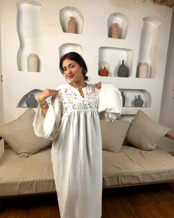 Hand-Embroidered Linen-Cotton Dress with Colorful Threadwork | Free Size up to 2XL - Image 3