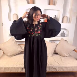 Hand-Embroidered Linen-Cotton Dress with Colorful Threadwork | Size up to XL