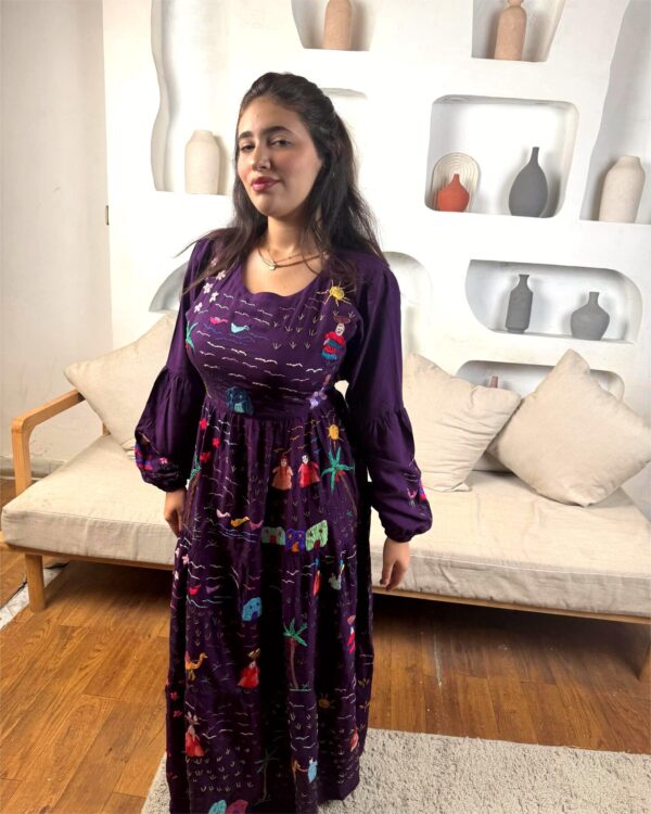 Dark purple cotton Dress | Hand-Embroidered by Sohag Women with Village-Inspired Motifs | Size L - Image 2