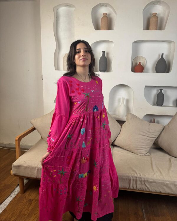Fushia cotton Dress | Hand-Embroidered by Sohag Women with Village-Inspired Motifs | Size L - Image 3