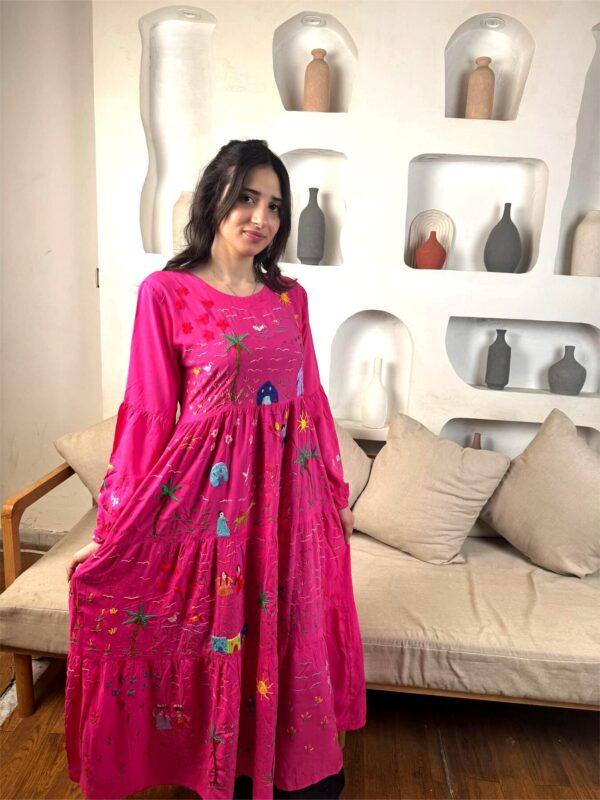 Fushia cotton Dress | Hand-Embroidered by Sohag Women with Village-Inspired Motifs | Size L - Image 2