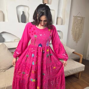 Fushia cotton Dress | Hand-Embroidered by Sohag Women with Village-Inspired Motifs | Size L
