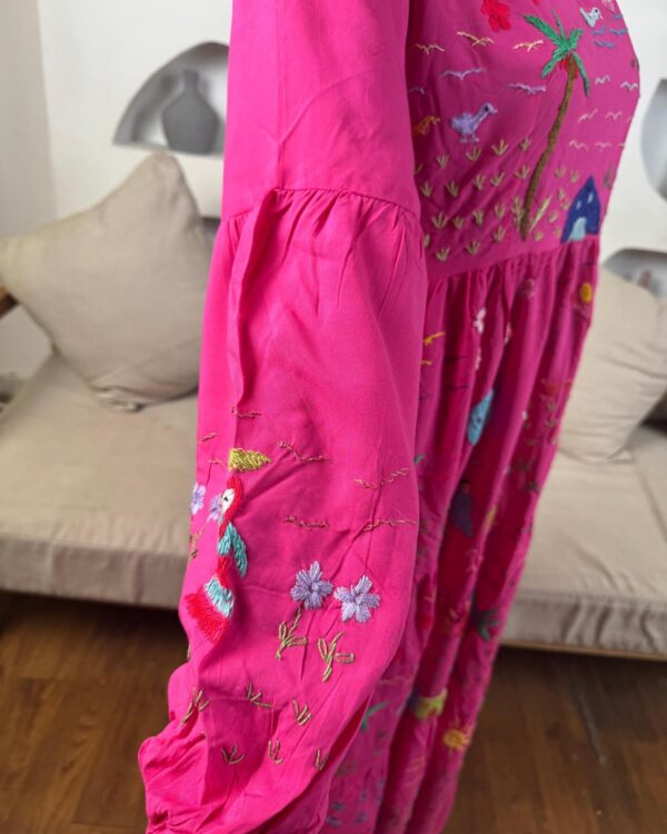 Fushia cotton Dress | Hand-Embroidered by Sohag Women with Village-Inspired Motifs | Size L - Image 4