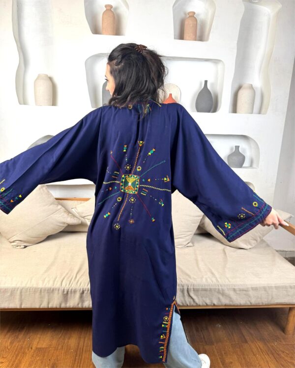 Handmade  siwan Embroidered Long Cotton Cardigan – Navy – Size L - Image 2