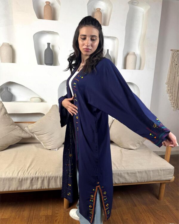 Handmade  siwan Embroidered Long Cotton Cardigan – Navy – Size L - Image 3