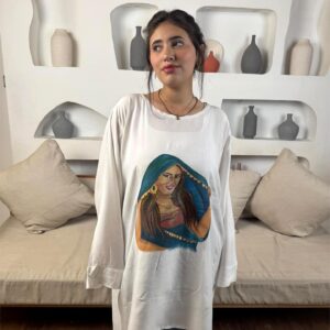 Hand-Painted Long-Sleeve High-Low Cotton Blouse Free size up to 3XL