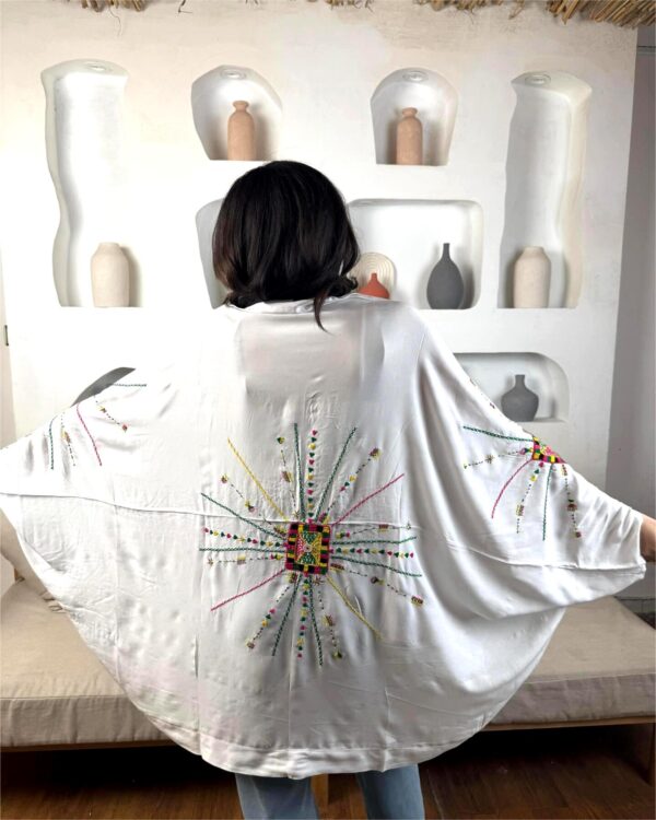 Handmade  siwan Embroidered  Cotton Cardigan – white– Free Size - Image 3